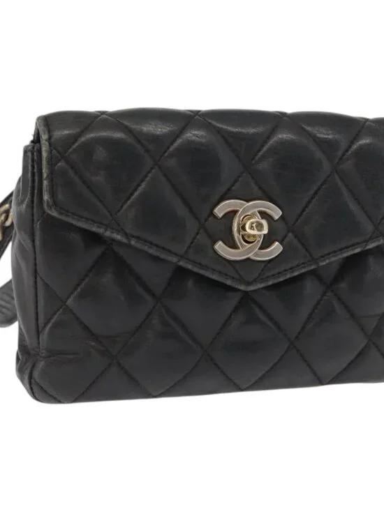 CHANEL Matelasse Waist bag Lamb Skin Black Gold CC Auth am10530