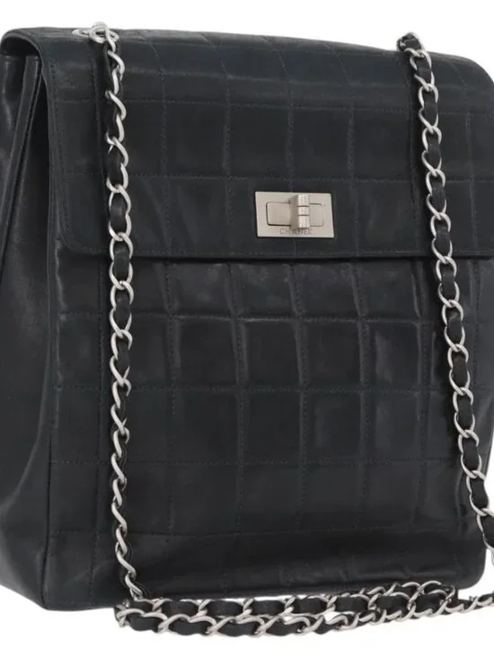 CHANEL Choco Bar Chain Shoulder Bag Lamb Skin Black Silver CC Auth bs33473