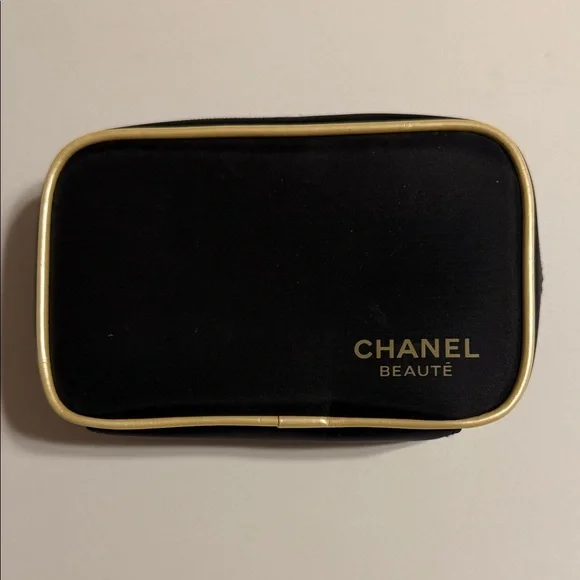 CHANEL Black and Gold Beauty Nylon Zippered Cosmetic Makeup Bag NWOT