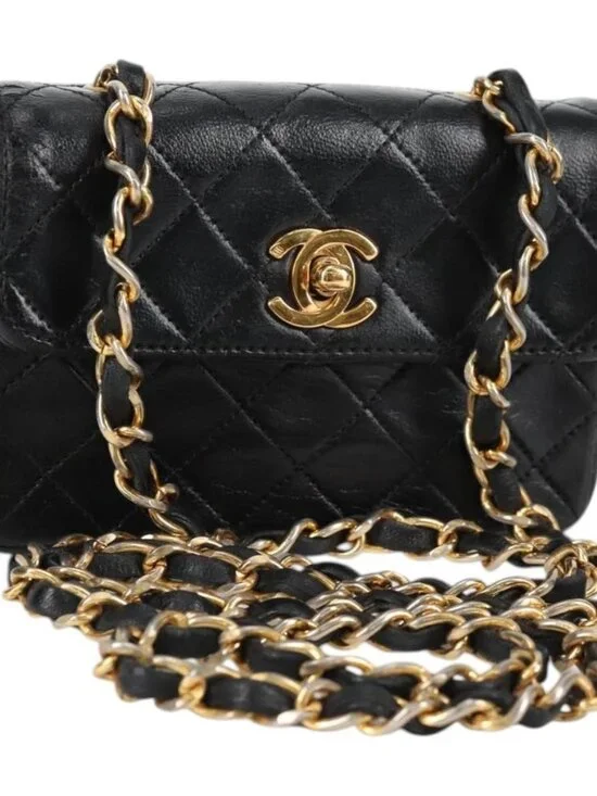 CHANEL Matelasse Chain Shoulder Bag Lamb Skin Black Gold CC Auth bs29080