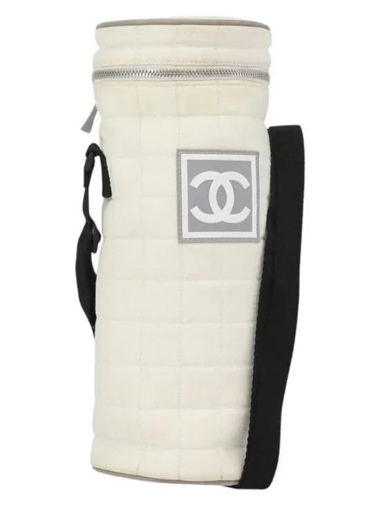 CHANEL Sports Line Water Bottle Holder Bag Nylon White Silver CC Auth bs33406