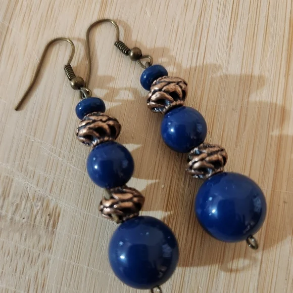 Hand Crafted Beaded Pierced Earrings Blue and Copper Drop
