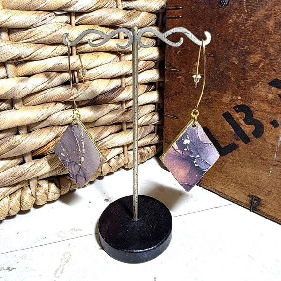 Handmade Abstract Wood Statement Earrings OOAK Taupe Brown Gold Metallic Dangles