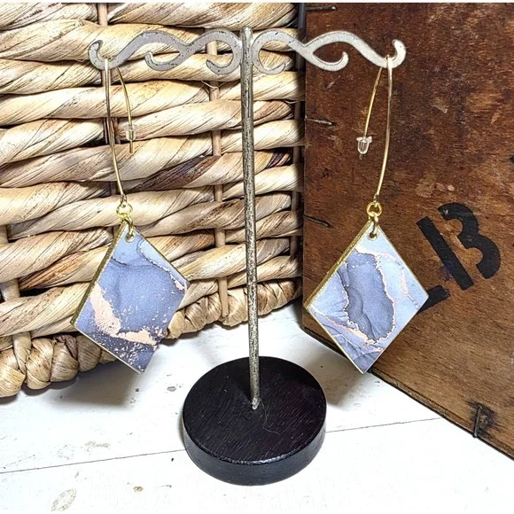 Handmade Abstract Wood Statement Earrings OOAK Steel Gray Gold Metallic Dangle