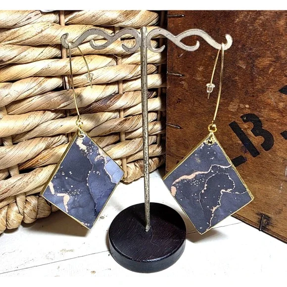 Handmade Abstract Wood Statement Earrings OOAK Galaxy Black Gold Metallic Dangle