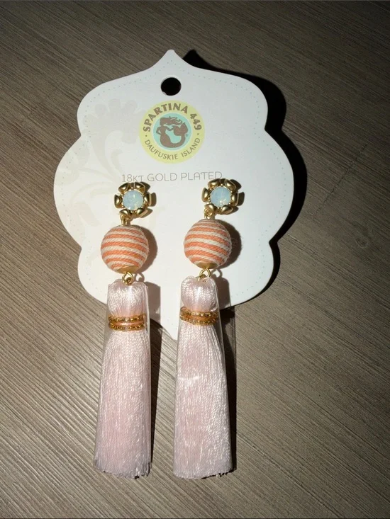 Spartina 449 Blush Pink Tassel Drop Earrings with Coral-Striped Beads