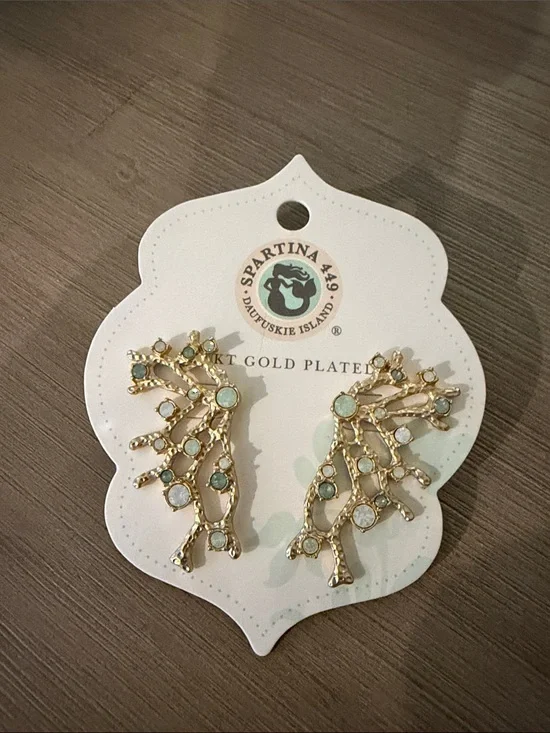 Spartina 449 Gold-Tone Branch Earrings with Light Aqua Crystals
