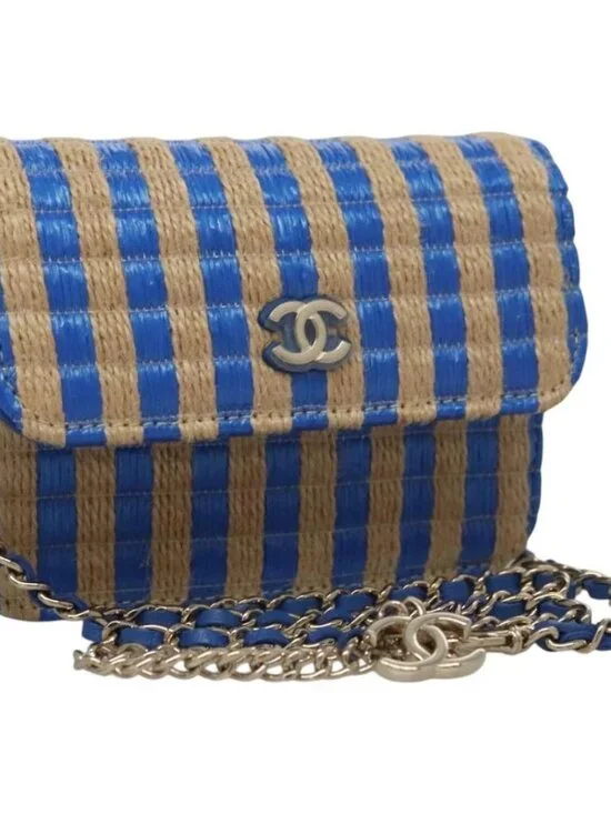 CHANEL Chain Shoulder Bag Raffia Blue CC Auth 115347SAM