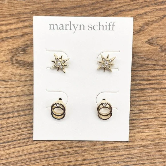 Marlyn Schiff Earrings Set Goldtone Rhinestone Star‎ and Hoop Studs Celestial