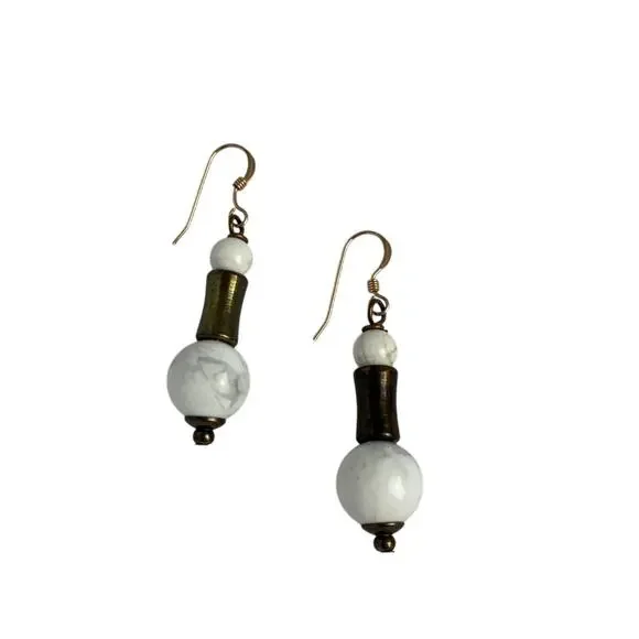 Vintage Tribal White Marble Bead Ball Dangle Earrings Swirl Bronze Boho Pierced