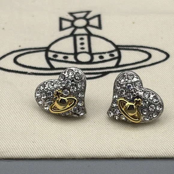 Vivienne Westwood Silver Crystal Heart Earrings with Gold Orb Accent