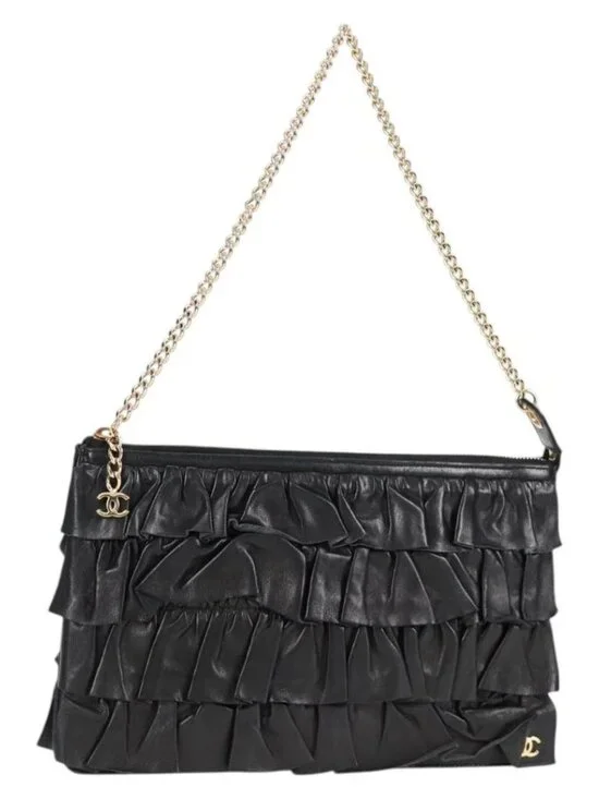 CHANEL Chain Gathered Hand Bag Lamb Skin Black Gold CC Auth yk18016M