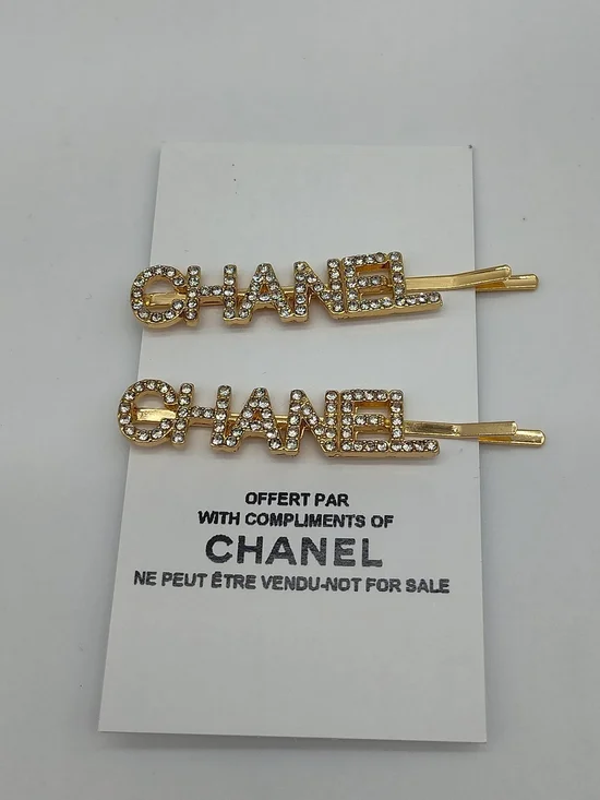 CHANEL Crystal Logo Hair Pins Gold Tone Set of 2 Beauty Collectible NWT