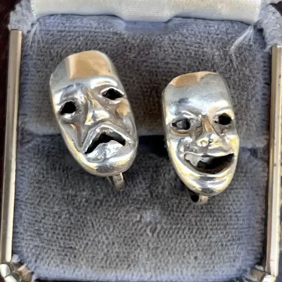 Sterling Silver Mexican Clip On Earrings Comedy Tragedy Mask Retro