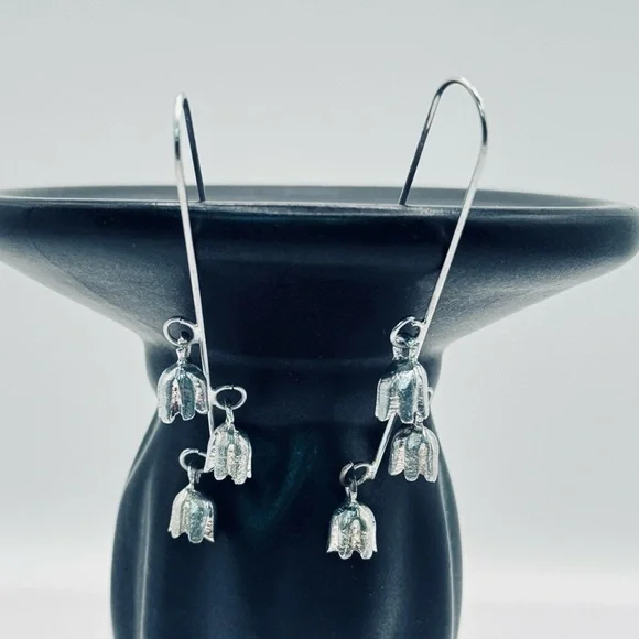 Silver Lily of the Valley Dangling Floral Drop Earrings Botanical Jewelry