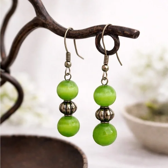 Green Cat’s Eye Dangle Earrings | Antique Bronze Beads | Boho Minimalist Style