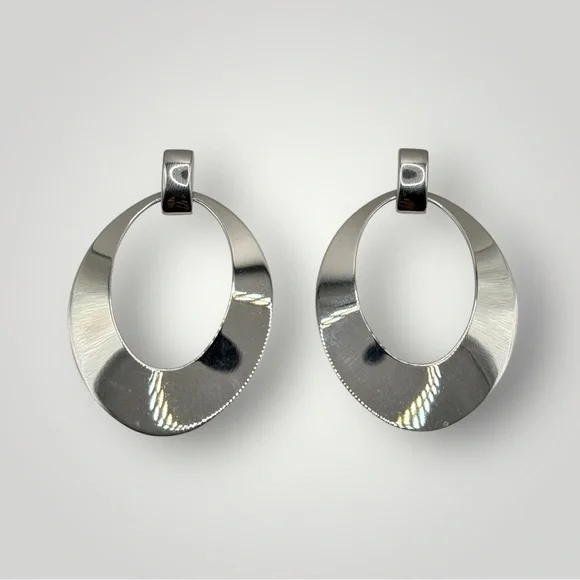 Monet Signed Designer Long Silver Tone Modernist Dangle Earrings
