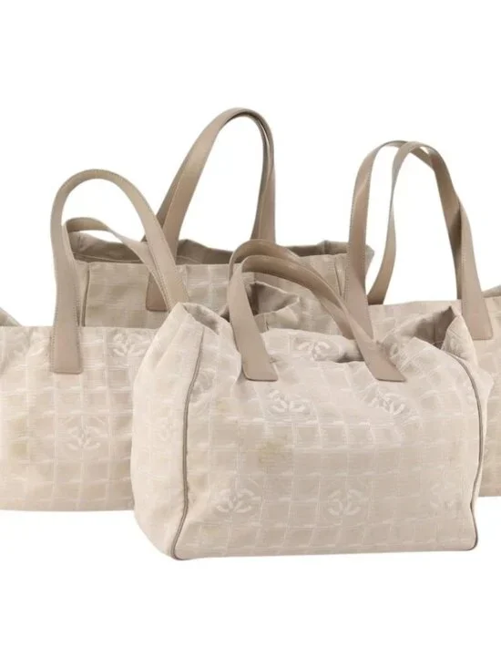 CHANEL New Travel Line Tote Bag Nylon 4 Set Beige CC Auth ti3920