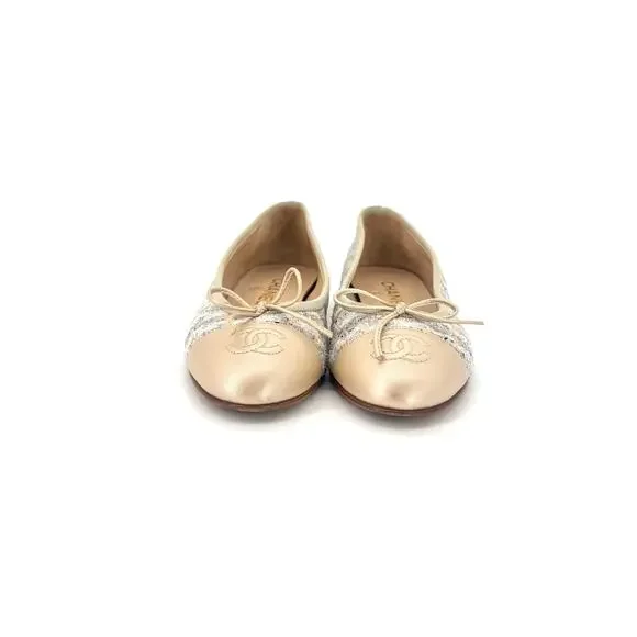 Chanel Tweed Cap Toe Bow CC Logo Ballerina Flats 36.5