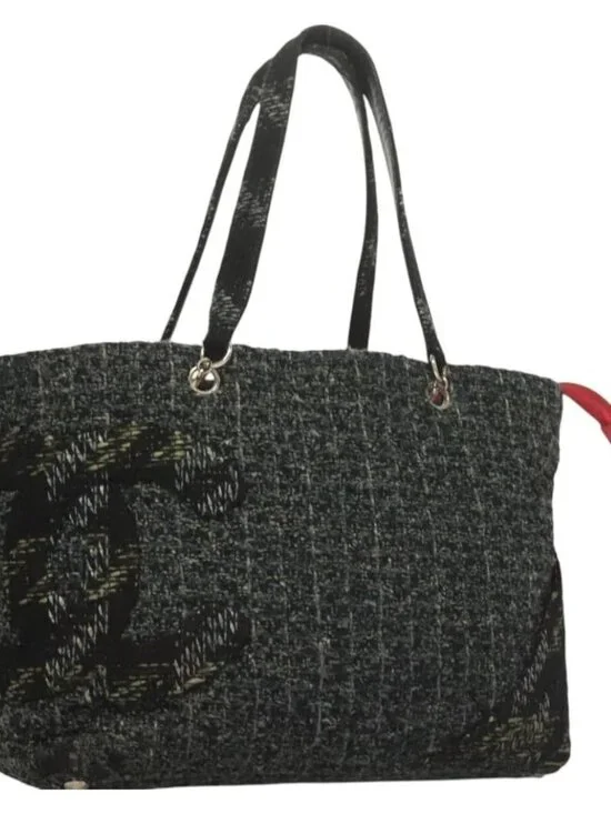 CHANEL Tote Bag Tweed Black Silver CC Auth bs27090