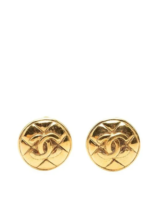 Chanel CC Logo Quilted Round Earrings Gold Plated
