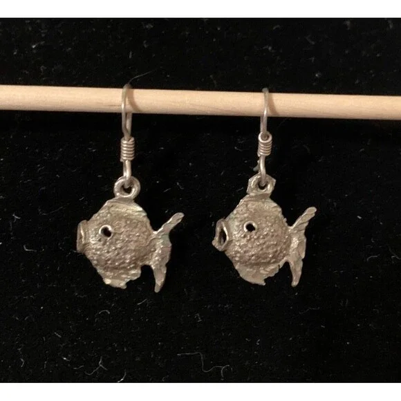 Vintage Sterling Silver Puffy Blow Fish Earrings Dangle Drop