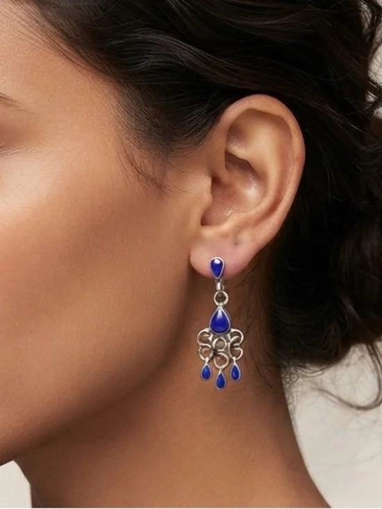 Vintage Mexican 925 Sterling Silver Blue Enamel Dangle Chandelier Earrings Artis
