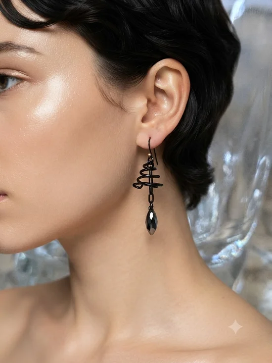 Black Spiral Drop Earrings with Faceted Black Teardrop