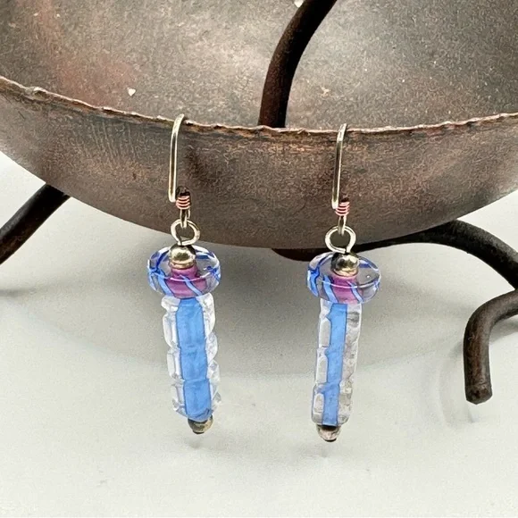 Furnace Glass Dangle Earrings | Blue & Purple Artisan Beads Boho Handmade Style