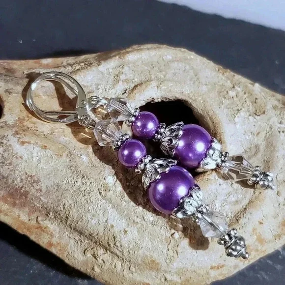 Purple Glass Pearl Sterling Silver Plated Handcrafted Dangle Earrings