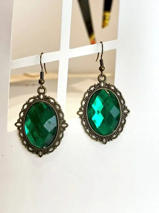 Vintage Bronze Filigree Oval Green Faceted Crystal Hook Dangle Earrings Retro St