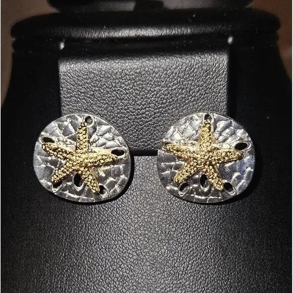 Sand Dollar Earrings Silvertone With Goldtone Accents