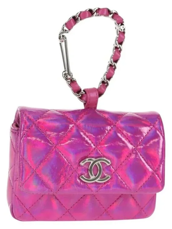 CHANEL Matelasse Hand Pouch Patent leather Pink Silver CC Auth 144306SM