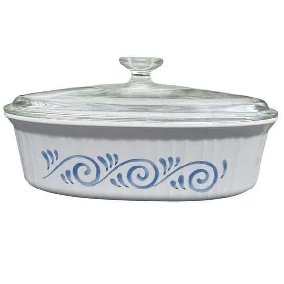 vintage Corning Ware Ocean View casserole dish blue wave design‎ Pyrex Glass Lid
