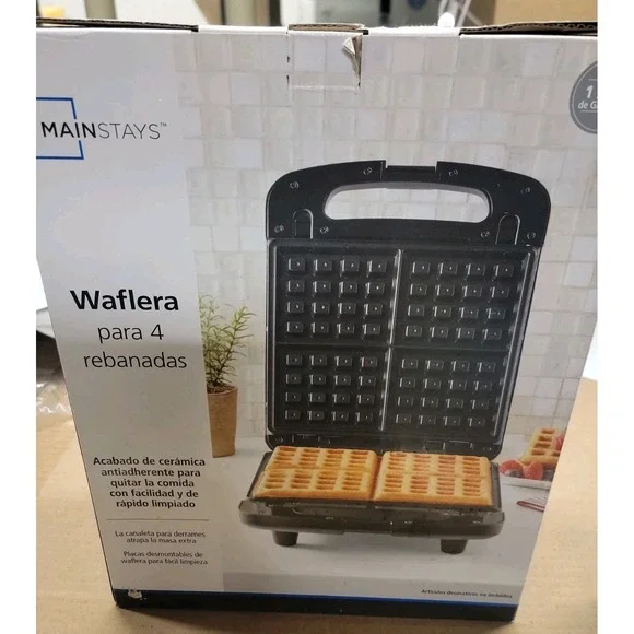 Mainstays 4 Slice Waffle Maker Removable Plates Black Nonstick 1200W New In Box!