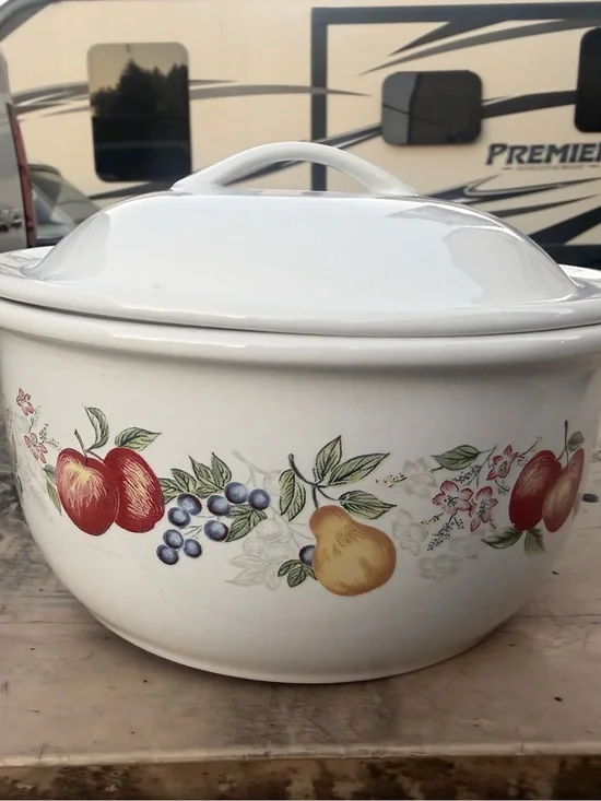 Corelle White Covered Casserole with Red Apples, Blue Grapes and Yellow Pear