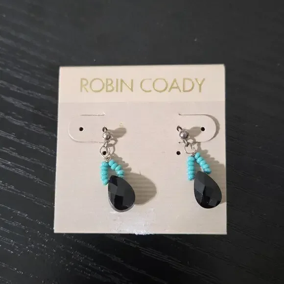 Robin Coady teardrop Post earrings with black onyx and turquoise beads