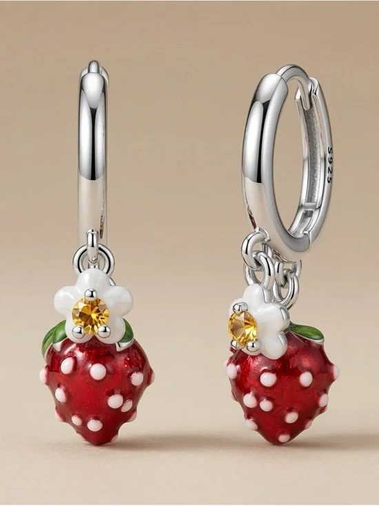 Sterling Silver Red Strawberry Charm Hoop Earrings