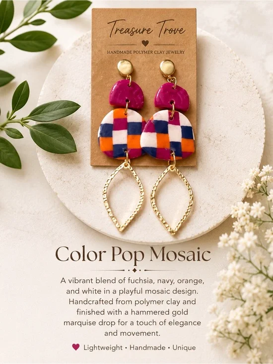 Color Pop Mosaic Fuchsia Drop Earrings with Gold Accents