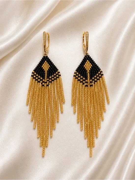Hand made Gold and Black Beaded Fringe Earrings - Women Jewelry