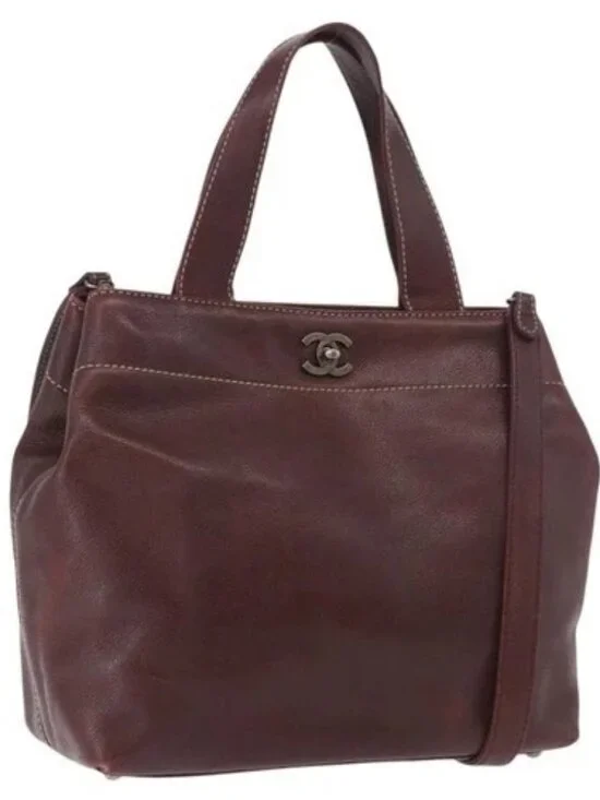 CHANEL Hand Bag Grained Calf Skin 2way Brown Silver CC Auth ka4946V