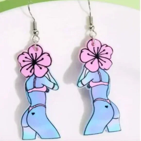 ⭐❤️ FREE Mushroom Woman Body Outline Tattoo Lady Chic Trendy Drop Plant Earrings