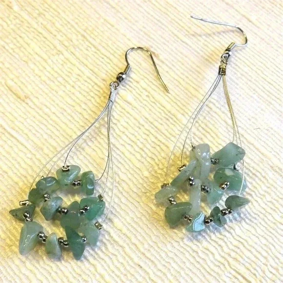 Handmade Green Aventurine Gemstone Beads Triple Teardrop Loop 70mm Long Earrings