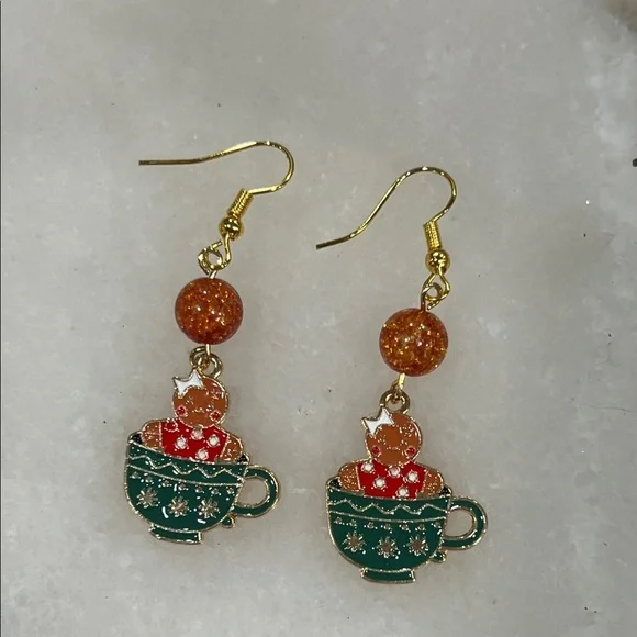 Festive Gingerbread Cookie Teacup Earrings with Crackle Quartz