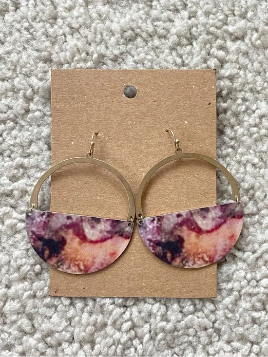 Boutique Pink Marble Print Pink Purple Gold Boho Half-Moon Hoop Drop Earrings