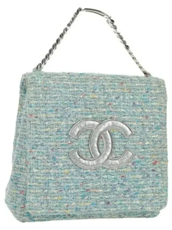 CHANEL Chain Hand Bag Tweed Light Blue Silver CC Auth 177972SV