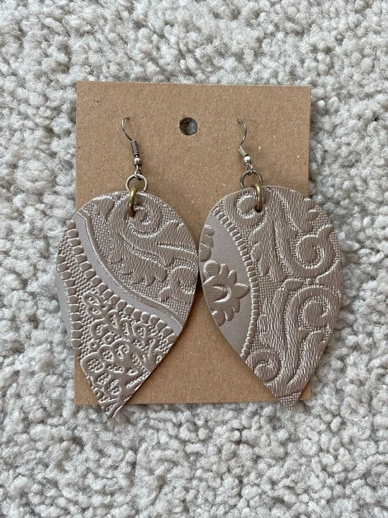 Boutique Embossed Faux Leather Western Metallic Pewter Tan Teardrop Earrings