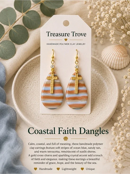 Treasure Trove Coastal Faith Dangle Earrings - Blue & Tan Stripes