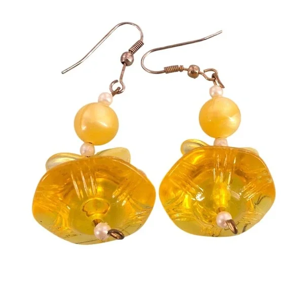 Yellow Carved Floral‎ Resin Drop Earrings Gold Tone Hooks Vintage Style