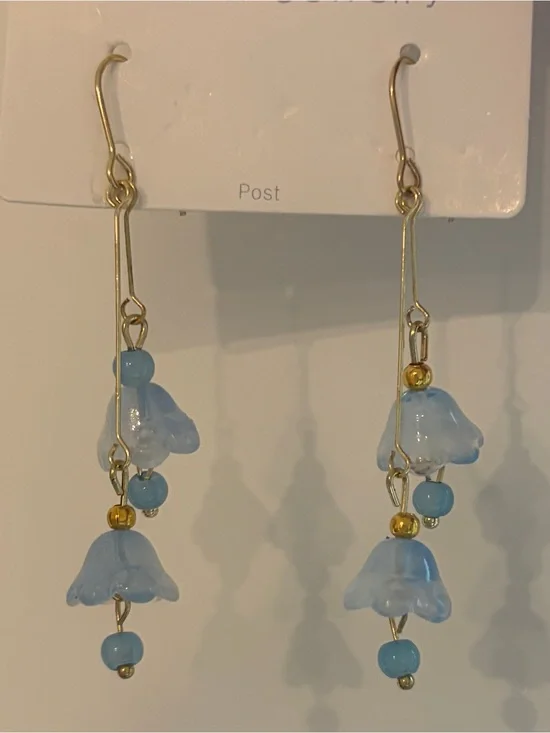 Blue Glass Bell Flower Drop Earrings